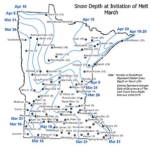 map showing typical snow depth in Minnesota at the time of melt