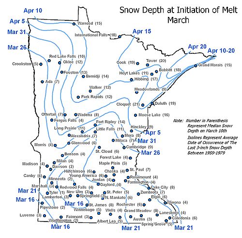 map showing typical snow depth in Minnesota at the time of melt