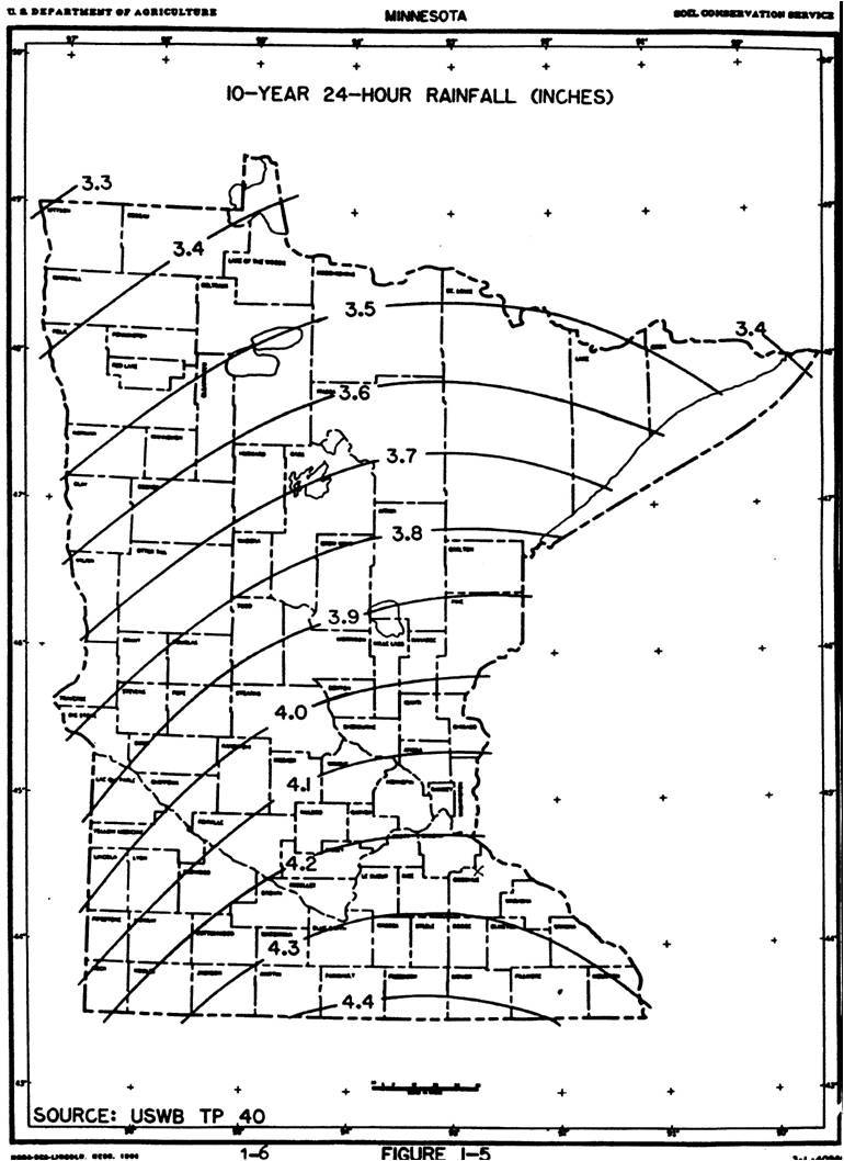 map showing 10-year 24-hour rainfall distribution across Minnesota