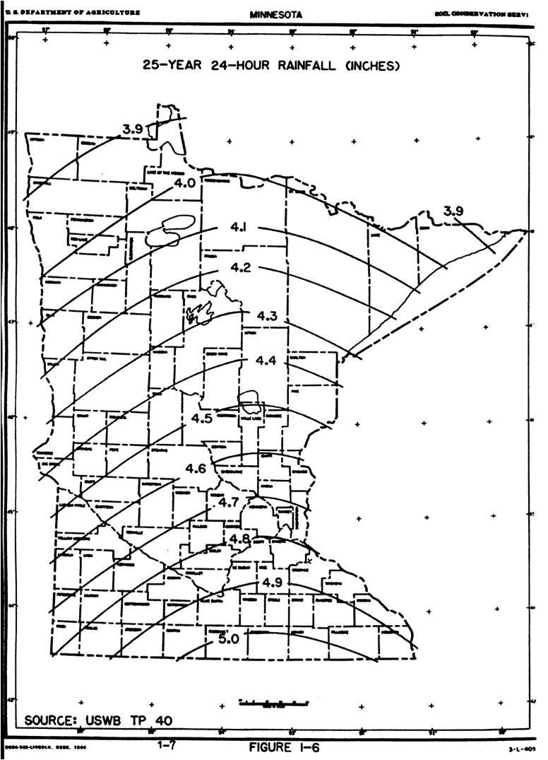 map showing 25-year 24-hour rainfall distribution across Minnesota