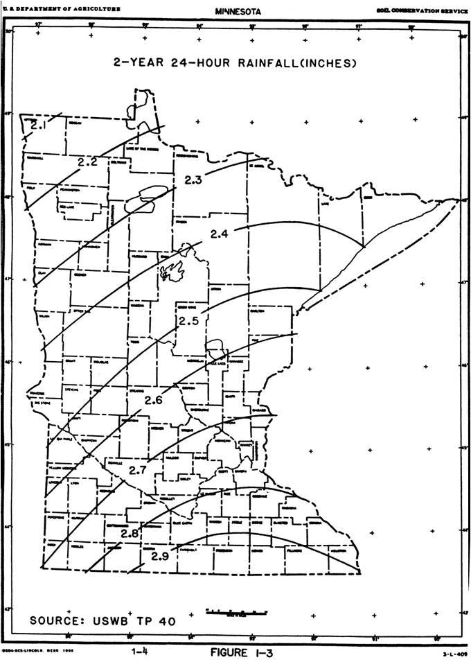 map showing 2-year 24-hour rainfall distribution across Minnesota