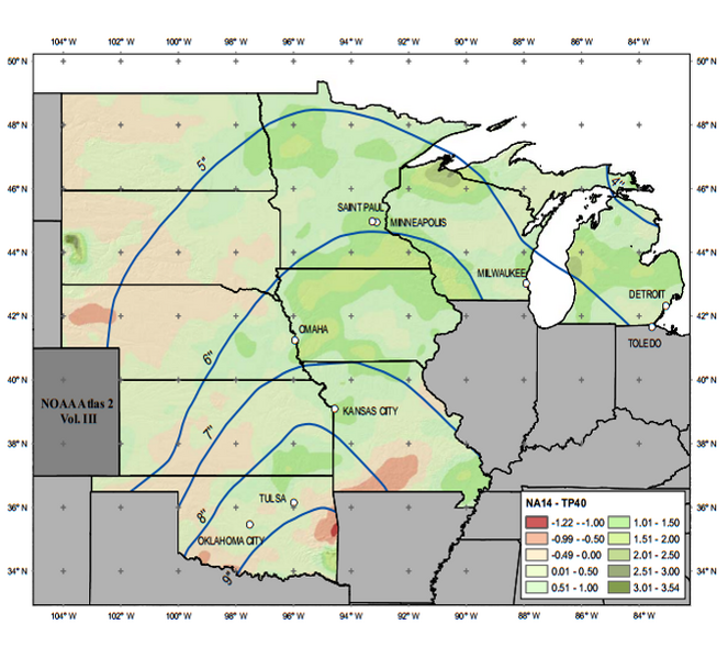 Figure showing difference in rainfall frequency maps for Atlas 14 and technical paper TP 40