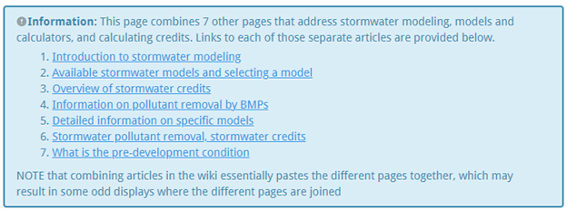 Alert box from a page in the stormwater wiki indicating that content from several other pages is combined on the page.