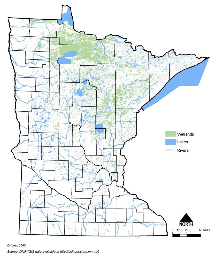 map showing the location of Minnesota's lakes, rivers and wetlands