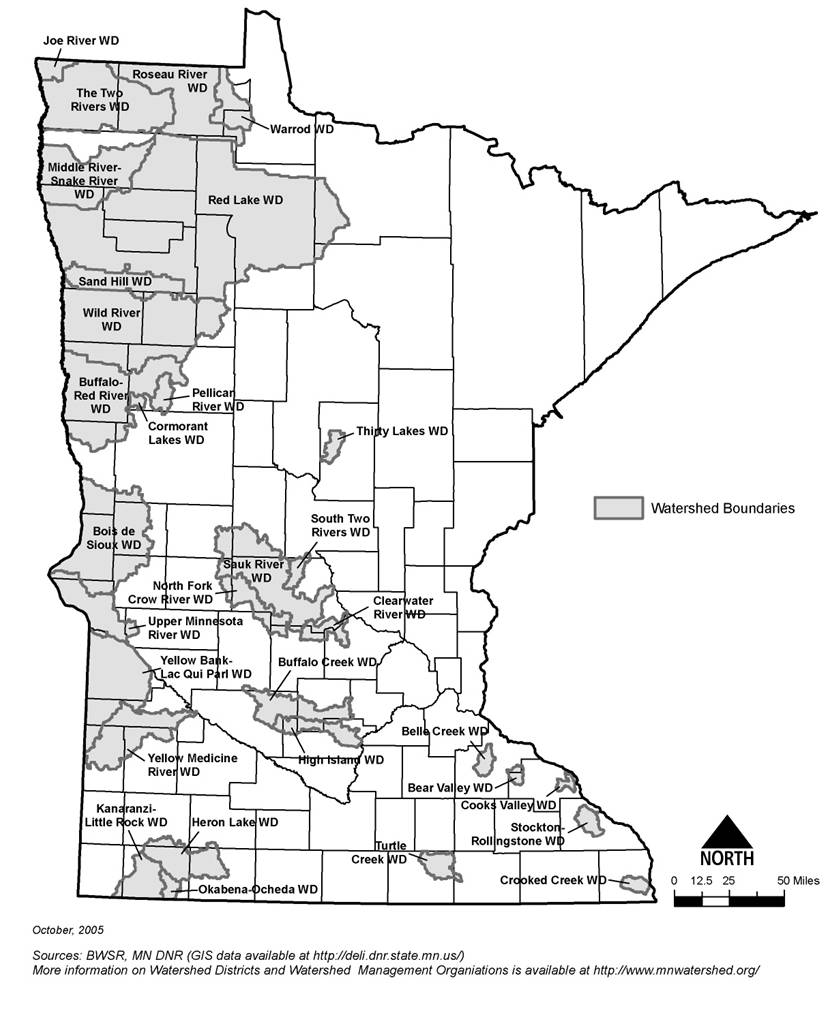 map showing location of watershed districts in outstate Minnesota
