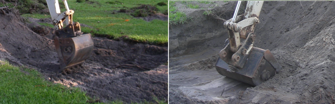 Excavator bucket with teeth (left) and scoop technique (right) using a bucket with a smooth blade (right). During the final pass of excavation, the rake technique should be used to break up the soil and promote exfiltration.