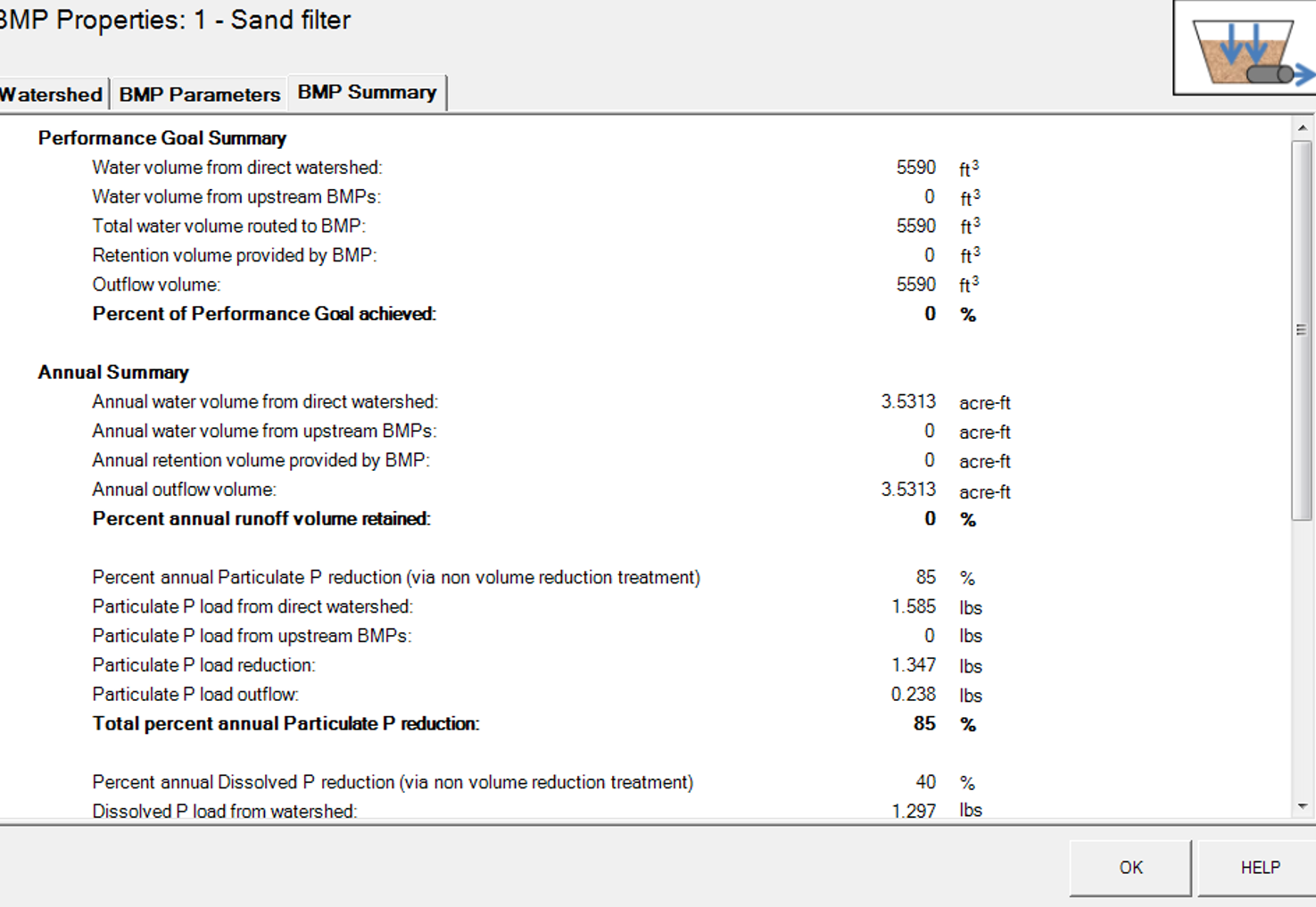 screen shot BNP summary for sand filter