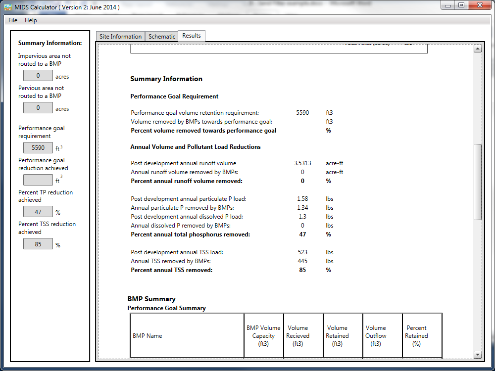 screen shot results tab sand filter example