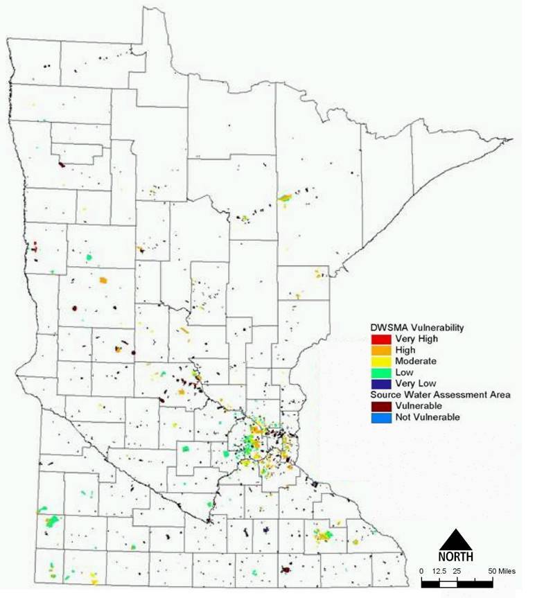 map showing the location of Minnesota's source water protection areas