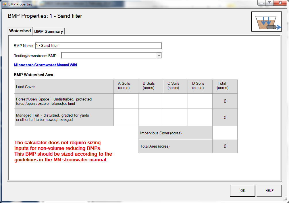 screen shot of watershed tab for sand filter in MIDS calculator