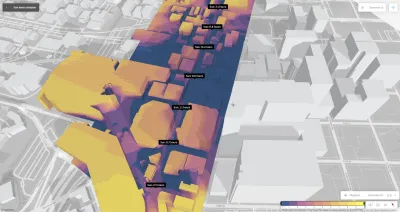Image showing sunlight analysis of a developed area with areas of persistent shade shown in purple and areas of persistent sun shown in yellow. 