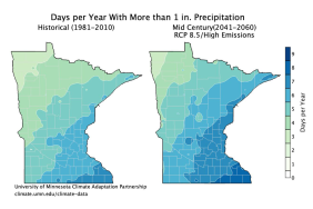 Map showing the number of days per year with greater than 1-inch of precipitation for different regions within the state of Minnesota.  Maps shown for the periods 1981-2010 and for projected changes, 2041 - 2060