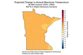 Map showing project change in annual maximum temperature for the period 2041 - 2060 compared to historic observations.