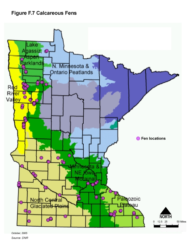 Map of Minnesota showing broad ecoregions and location of calcareous fens.
