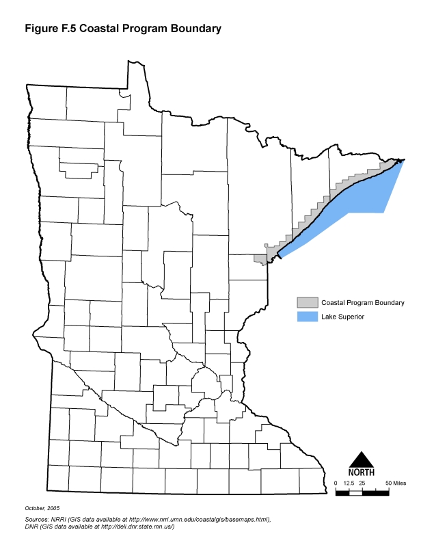 Map of Minnesota showing county boundaries and coastal program boundaries.