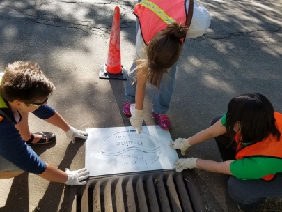 Image showing a group of people stenciling a storm drain.